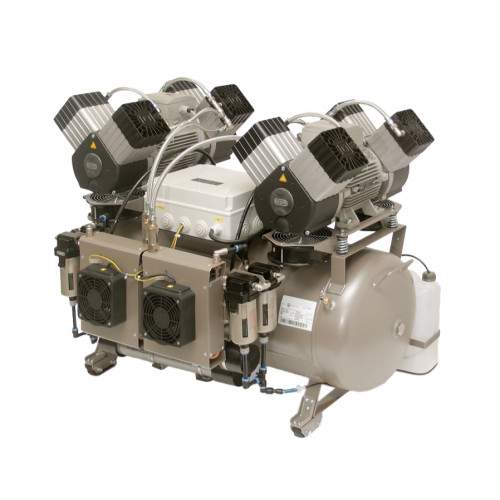 EKOM DK50 2X4VR/110/M безмасляный компрессор для 8 стоматологических установок, без кожуха, с осушителем, с ресивером 110 л, 430 л/мин