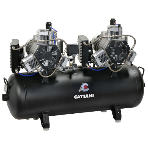 Cattani безмасляный компрессор на 7 установок, с 2-мя 3-х цилиндровыми двигателями, ресивер 150 л, трехфазный