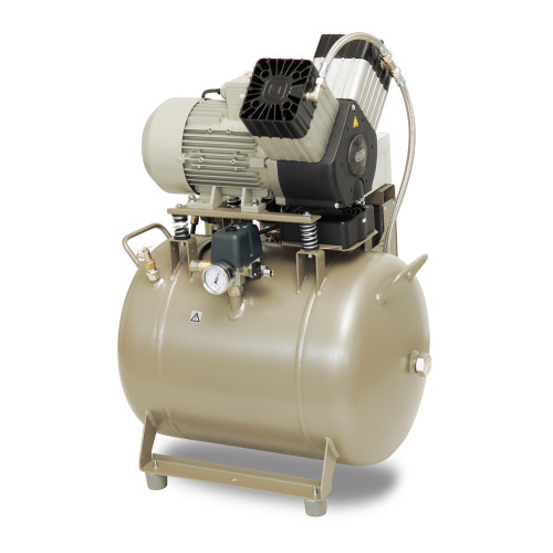 EKOM DK50 2V/50/M безмасляный компрессор для 2-x стоматологических установок без кожуха, с осушителем, с ресивером 50 л, 104 л/мин
