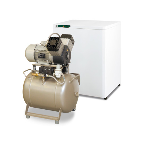 EKOM DK50 2V/50S безмасляный компрессор для двух стоматологических установок, с кожухом, с ресивером 50 л, 140 л/мин